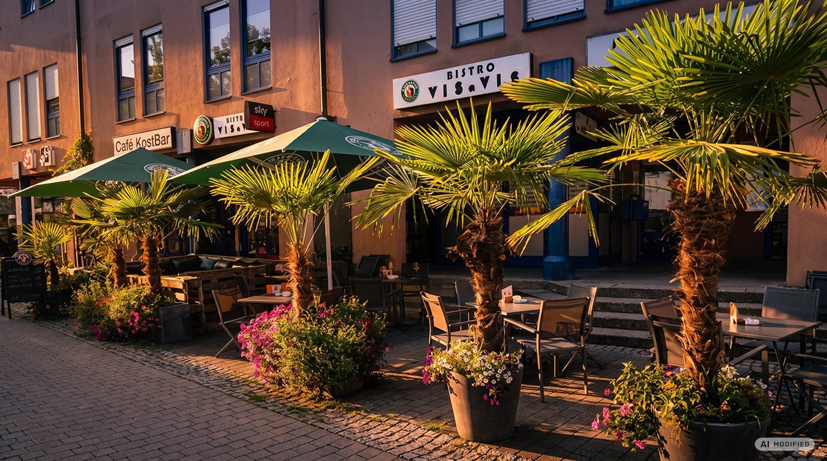 Die Terrasse des Vis-à-Vis mit Palmen und Sonnenschirmen in der Abendsonne