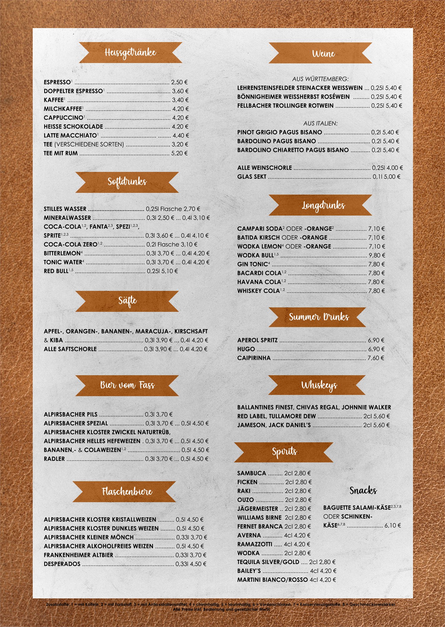 Getränkekarte Vis-à-Vis: Heißgetränke, Softdrinks, Bier, Weine, Longdrinks, Summer Drinks, Whiskeys, Spirits und Snacks mit Preisen